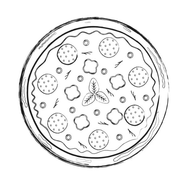Пицца Изолирована Белом Фоне Плоская Иллюстрация Вектора Питания Черно Белый — стоковый вектор