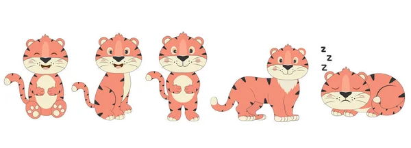 Un set di simpatici cuccioli di tigre in pose diverse. Simbolo del 2022. Illusione vettoriale — Vettoriale Stock