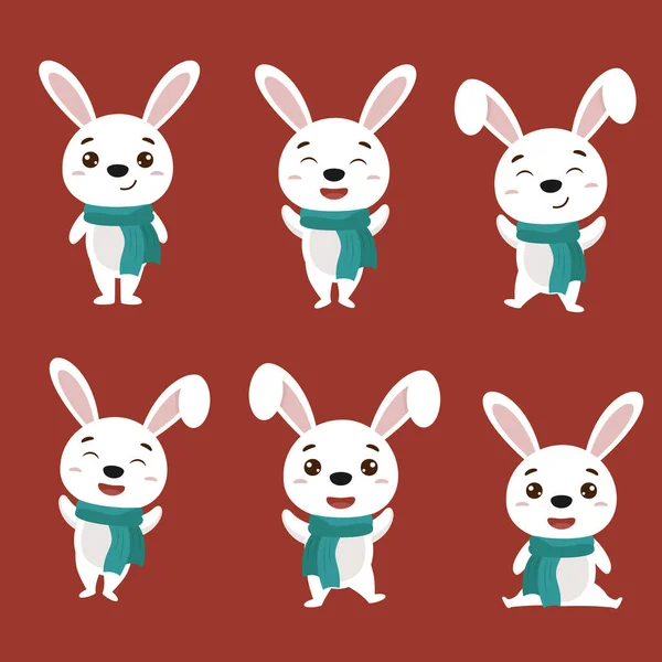 Ensemble Vectoriel Lapins Dessin Animé Sur Fond Rouge Symbole Nouvelle — Image vectorielle