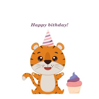Cute cartoon tiger cub with cupcake. Tiger on white background. Vector illustration.