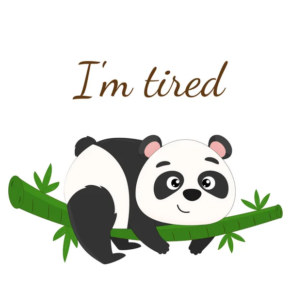 Small Panda Lies Bamboo Branch Vector Illustration — Vetor de Stock