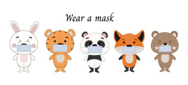 Set of animals wearing face mask protect from virus.Cute cartoon animals.Vector Illustration