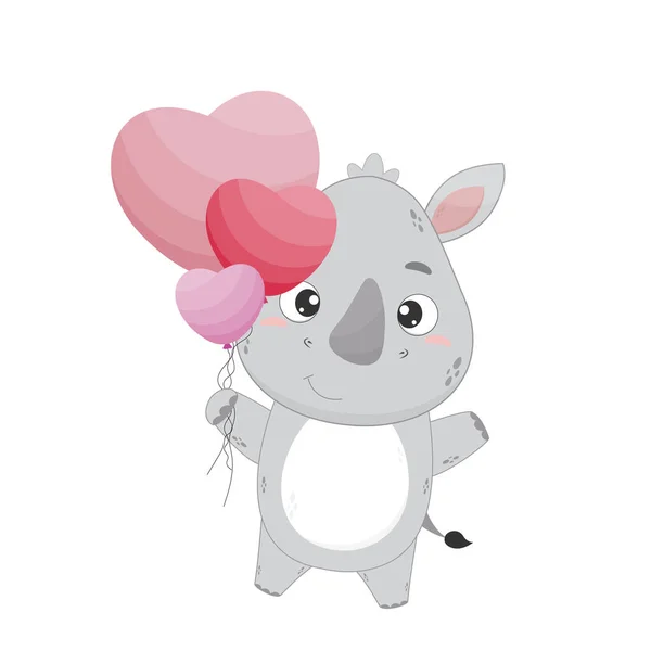 Söt tecknad noshörning karaktär innehav ballonger.Noshörning isolerad på vit bakgrund.Alla hjärtans dag kort design. — Stock vektor