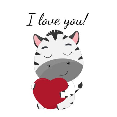 Küçük bir zebra elinde bir kalp tutuyor. Sevgililer Günü için tebrik kartı. Tasarım ve yazdırma için vektör illüstrasyonu