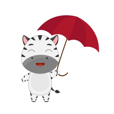 Kırmızı şemsiyeli şirin zebra yavrusu. Çocuk tarzında bir kartpostal. Vektör illüstrasyonu.