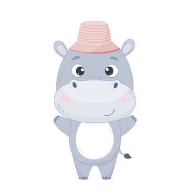 Pembe şapkalı şirin bir çizgi film hipopotamı. Beyaz arka planda su aygırı. Tasarım ve yazdırma için vektör illüstrasyonu.