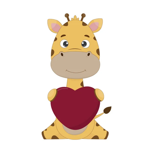 Een kleine giraffe houdt een hart in zijn handen. Wenskaart voor Valentijnsdag. Vectorillustratie — Stockvector