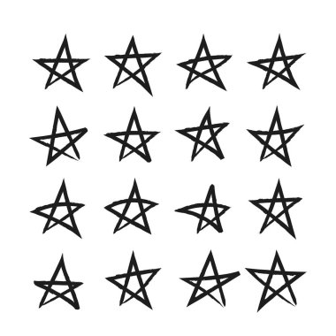 Vektör illüstrasyon grunge yıldızları. Tasarım için çizilmiş el boyası yıldızları. Siyah beyaz arkaplan.