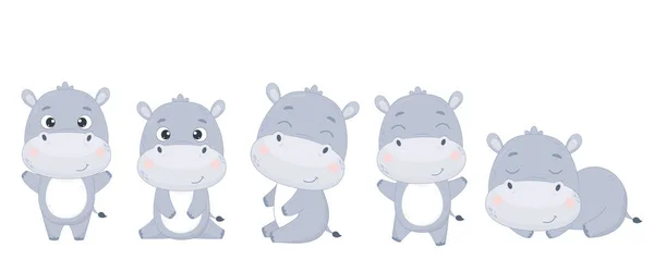 Leuke Kleine Nijlpaard Set Van Cartoon Hoppo Een Witte Achtergrond — Stockvector