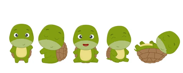 Söta Sköldpaddor Uppsättning Tecknade Sköldpaddor Vit Bakgrund Element För Design — Stock vektor