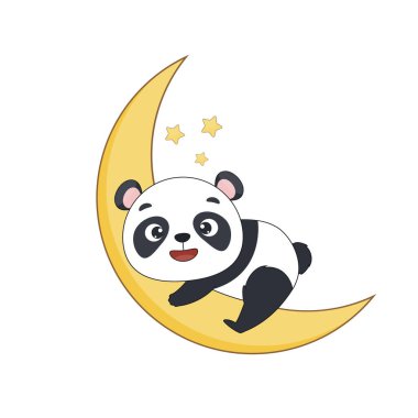 Sarı aydaki şirin panda. Beyaz sırtlı panda. Tasarımlar, baskılar ve kalıplar için vektör illüstrasyonu.