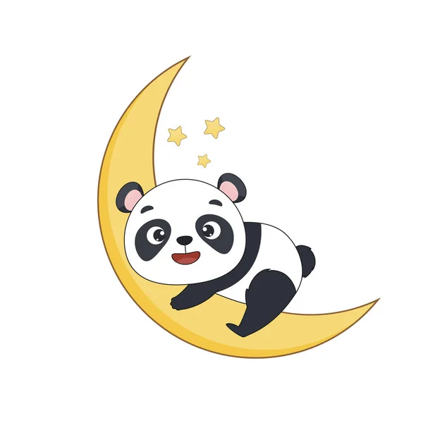 Um panda giro numa lua amarela. Panda em backgriund branco. Ilustração vetorial para desenhos, estampas e padrões. — Vetor de Stock