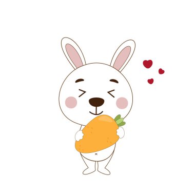 Paskalya tavşanlı vektör çizimi. Havuç tutan sevimli tavşan çizgi film karakteri..