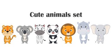 Çizgi filmlerdeki sevimli hayvanlar. Kaplan, koala, zebra, panda, aslan, su aygırı, fil. Tasarım ve yazdırma için vektör illüstrasyonu