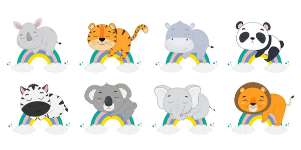 Een stel tekenfilmdieren. Neushoorn, tijger, nijlpaard, panda, zebra, koala, olifant, leeuw op de regenboog. Vectorillustratie — Stockvector