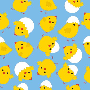 Paskalya deseni kusursuz. Mavi arka planda komik sarı Paskalya tavukları. Tasarım ve yazdırma için vektör illüstrasyonu