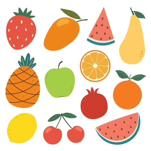 Letní ovocný vektor kolekce na bílém pozadí. Roztomilé jídlo ilustrace ovoce. Zdravé stravování — Stockový vektor