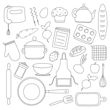 Doodle cooking vector set. Kitchen equipment and objects for cooking. Hand drawn food and ingredients clipart