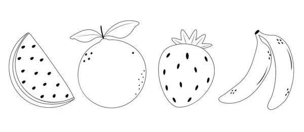 Set of hand drawn fruit icons. Banana, watermelon, orange, strawberry on a white background. Vector illustration — Stockový vektor