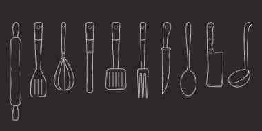 Vector set of cutlery. Ladle, whisk, rolling pin, various knives, kitchen shovels. Hand drawn vector illustration. Kitchen utensils