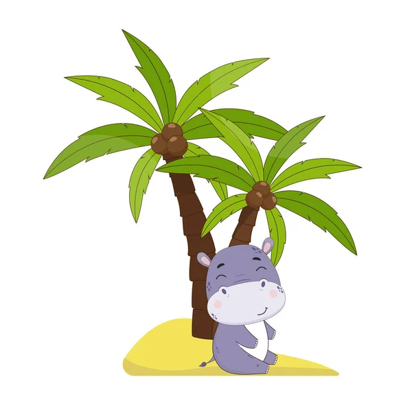 Cute cartoon hippo sitting on the beach under a palm tree. Vector illustration for design and print — Stockový vektor