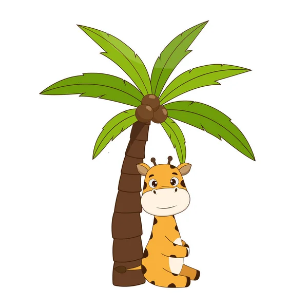 Gireffe de desenho animado bonito sentado na praia sob uma palmeira. Ilustração vetorial para design e impressão —  Vetores de Stock