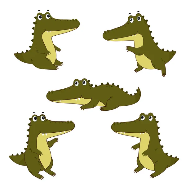 Conjunto de dibujos animados cocodrilos lindos.Cocodrilo iconos sobre fondo blanco.Vector ilustración para el diseño y la impresión — Archivo Imágenes Vectoriales