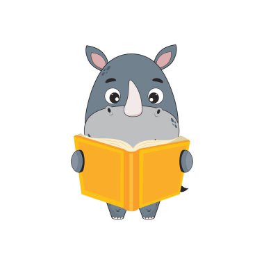 Çizgi film karakteri gergedan elinde kitap tutuyor. Gergedan ikonu. Tasarım illüstrasyonu