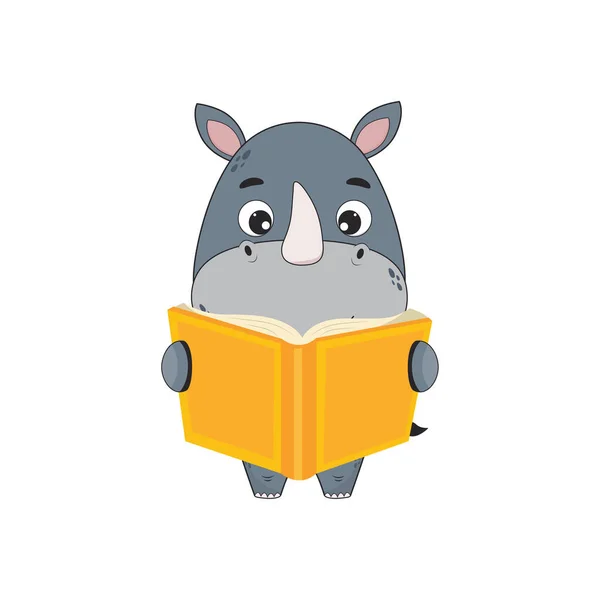 Cartoon Character Rhinoceros Holding Book Rhinoceros Icon Illustration Design — Stock Vector