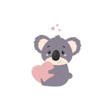 Avustralya koalası pembe bir kalp tutuyor. Beyaz arka planda sevimli çizgi film karakteri koala. Vektör çocukların illüstrasyonu