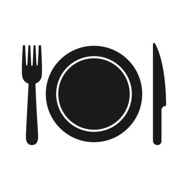 Beyaz arka planda çatal, bıçak ve plaka simgesi. Cutlery.Düz stil vektör çizimi