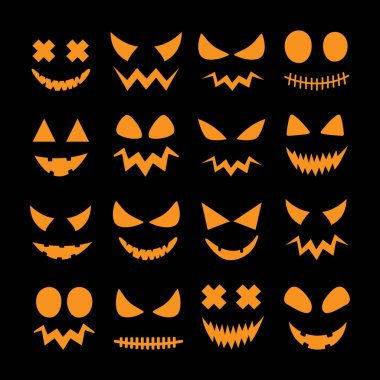 Vector collection halloween orange pumpkin faces isolated on black background. Halloween decoration design. Vector illustration.