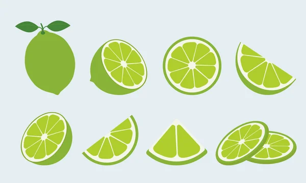 Big Vecto Set Fresh Limes Lime Fruit Isolated Blue Background — Image vectorielle