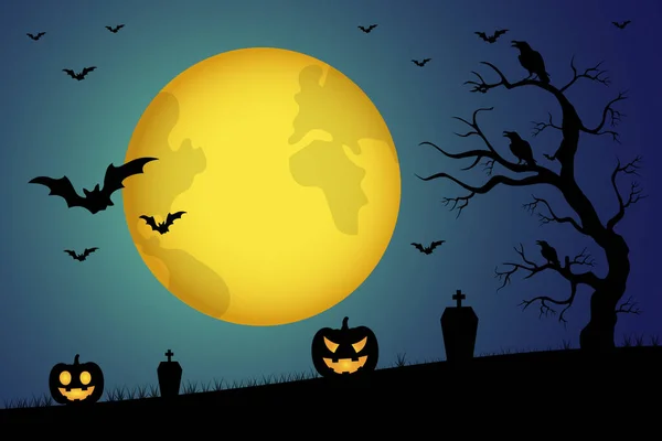 Halloween Background Pumpkin Grass Tree Moon Bat Design Poster Banner — Stockvektor