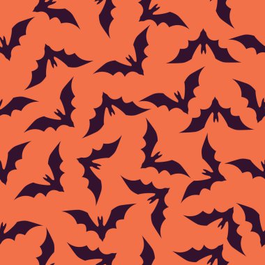 Traditional Halloween vector seamless background. Repeating pattern with flying bats on orange background. Ready for printing on textile, fabric, bedding and other seamless surfaces
