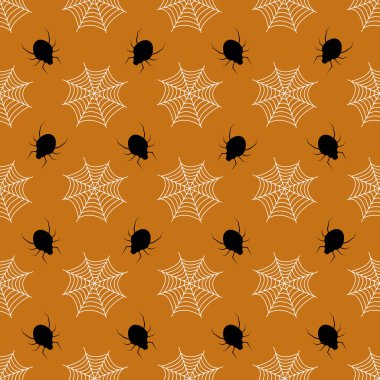Vector seamless pattern for Halloween. White spider web and black spiders on orange background.Abstract background with spider webs, Halloween theme. Illustration for print design.