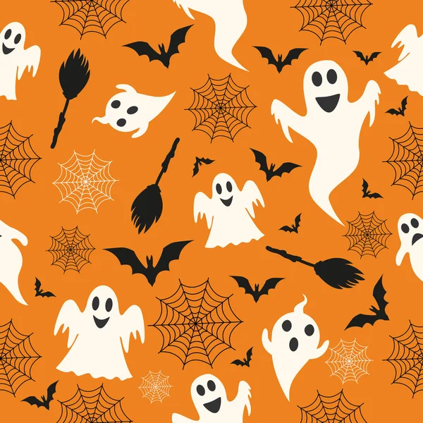 Vector Seamless Pattern Halloween Ghost Cobweb Bat Orange Background Abstract — 스톡 벡터