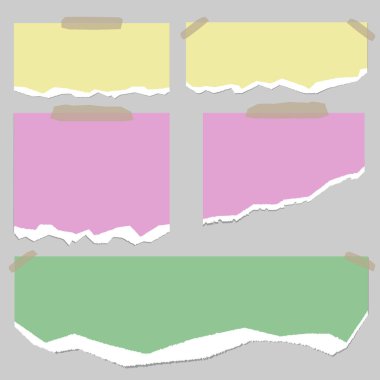 Torn of pink,green and yellow note, notebook paper strips, pieces stuck on grey background. Vector illustration