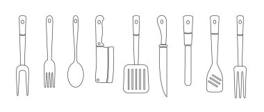 Vector set of butcher and bbq supplies.Vector BBQ linear icons. Meat knives, grill fork, spatula. Kitchen tools.