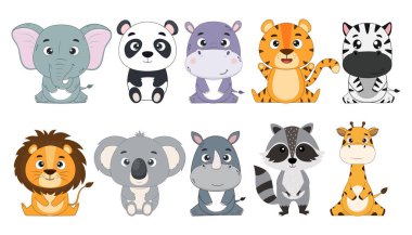 Big vector set of cute cartoon animal characters.Elephant,panda,hippo,tiger,zebra,lion,koala,rhinoceros,raccoon,giraffe on white background.Elements for design