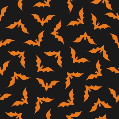 Halloween vector seamless background. Repeating pattern with flying orange bats on black background.Ready for printing on textile, fabric, bedding and other seamless surfaces