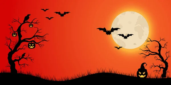 Halloween Background Pumpkin Grass Tree Moon Bat Design Poster Banner — Archivo Imágenes Vectoriales