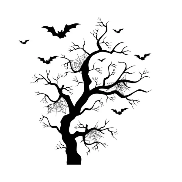 万圣节恐怖的剪影树矢量插图 单色邪恶的卷曲植物用蜘蛛网和蝙蝠 — 图库矢量图片