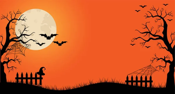 Halloween Hintergrund Vollmond Und Fledermäuse Auf Orangefarbenem Hintergrund Nachthimmel Vektorillustration — Stockvektor