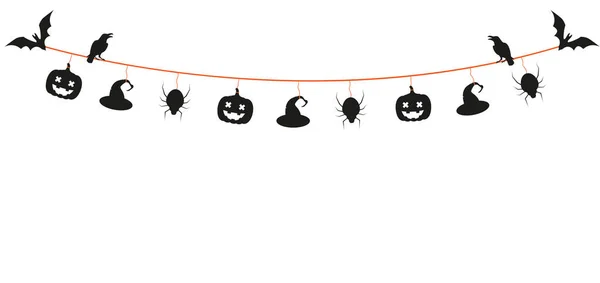 Orange Grey Halloween Garland Pumpkin Bat Witch Hat Raven White — 스톡 벡터