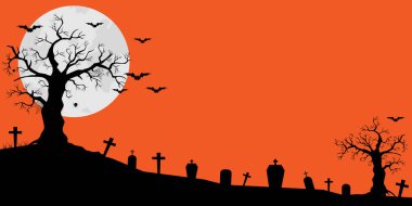 Cadılar Bayramı geçmişi. Dolunay ve yarasalar turuncu arka planda. Gece gökyüzü. Cadılar Bayramı tasarımı. Vektör