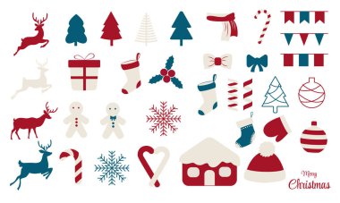 Büyük Noel seti: Geyik, kar tanesi, yay, şeker, Noel ağacı, çelenk, top, tasarım elementleri. Bir vektör illüstrasyonu.