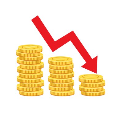 Altın para yığını ve aşağı ok. Ekonomi, finans, para sembolü. Para birimi resmi çizimi. Vektör illüstrasyonu