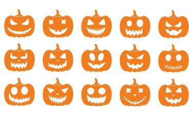 Beyaz arka planda büyük bir balkabağı seti. Cadılar Bayramı için gülümseyen turuncu balkabağı. Vektör illüstrasyonu