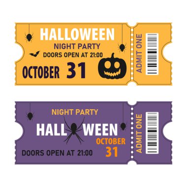 İki Cadılar Bayramı davetiyesi seti. Cadılar Bayramı partisi için vektör bilet tasarımı şablonu. Kulüp daveti, davetiye, ilan, poster